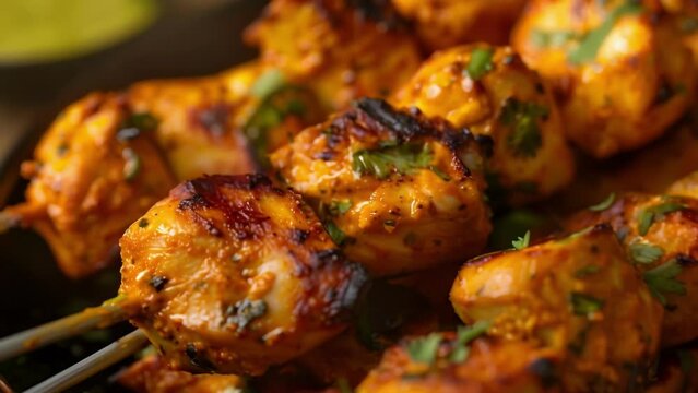 Closeup of sizzling chicken tikka skewers golden brown and marinated in a tangy yogurt and e blend. .