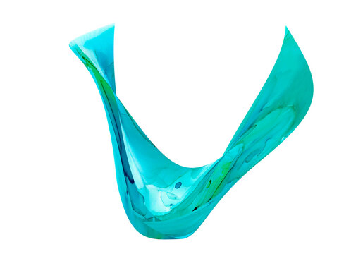 Geometric spotted blue emerald silhouette. Flying bird in smooth watercolor blue-emerald stains. Curved translucent gemstone. Watercolor pattern. Isolated Galaxy of green azure mist. Digital letter V.