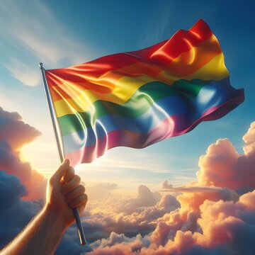 Hand holding a rainbow flag