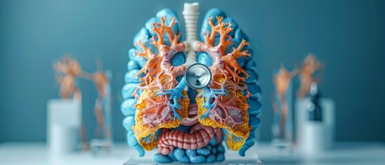 A doctor examines and magnifies lungs in a 3D model of a human body. Medical education, anatomical concept, respiratory system. Woman wearing a lab coat stethoscope at a desk. High resolution photo. - obrazy, fototapety, plakaty
