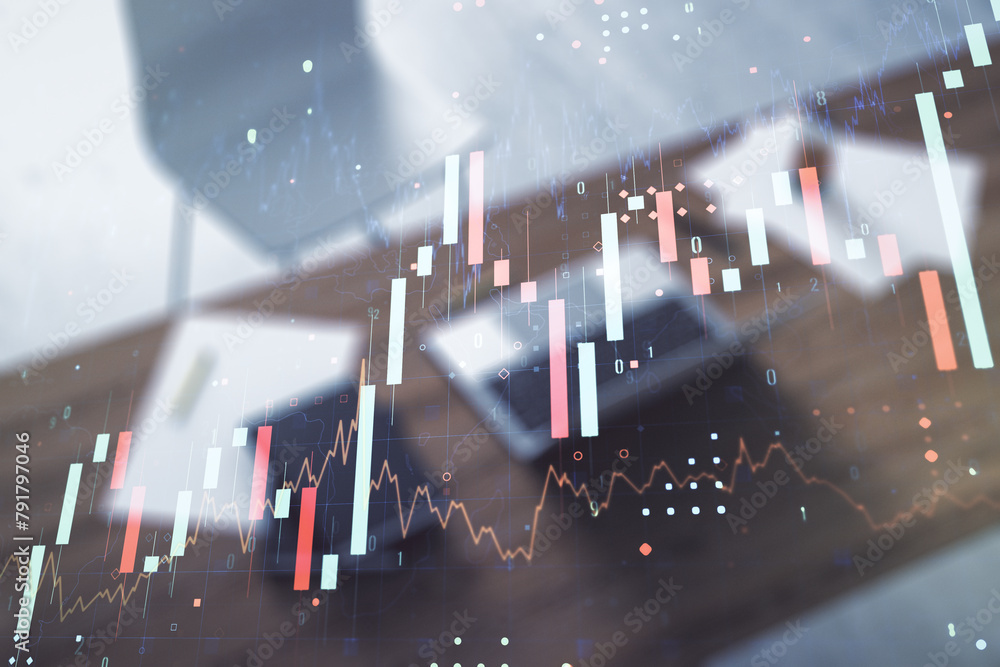Poster double exposure of abstract creative financial diagram and modern desk with computer on background, 