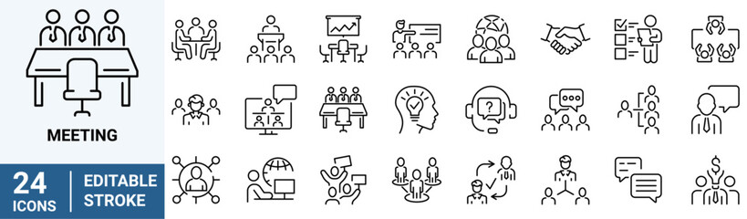 Meeting web icon set in line style. Conference, team, brainstorm, seminar, interview, collection. Vector illustration. Editable stroke