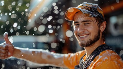 A friendly looking and smiling young man car wash worker shows thumbs up and looks at camera