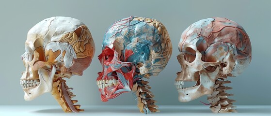 A lateral view of the cranium, the head, and the skull. Individual bones and their salient features are colored. The names of the cranial bones are shown. - obrazy, fototapety, plakaty