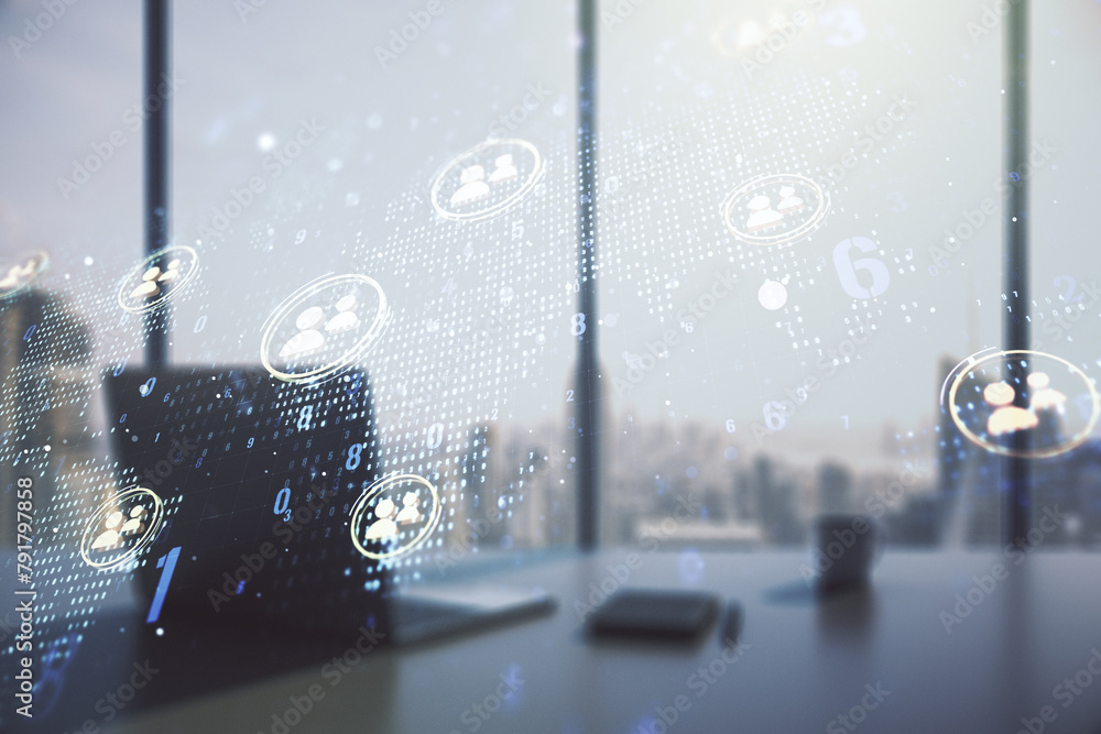Poster double exposure of social network icons concept with world map and modern desktop with laptop on bac
