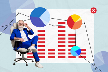 Composite artwork sketch image photo collage of aged office manager boss man work sit in armchair project stats graphics diagram increase
