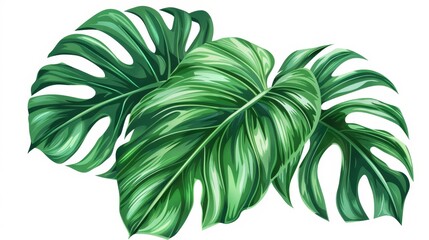 An exotic philodendron leaf, in realistic style, is isolated on a tropical green monstera leaf. Beautiful botanical design element. - obrazy, fototapety, plakaty
