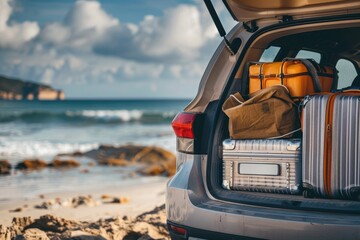Suitcases and bags in trunk of car ready to depart for holidays at beach, Summer travel trip