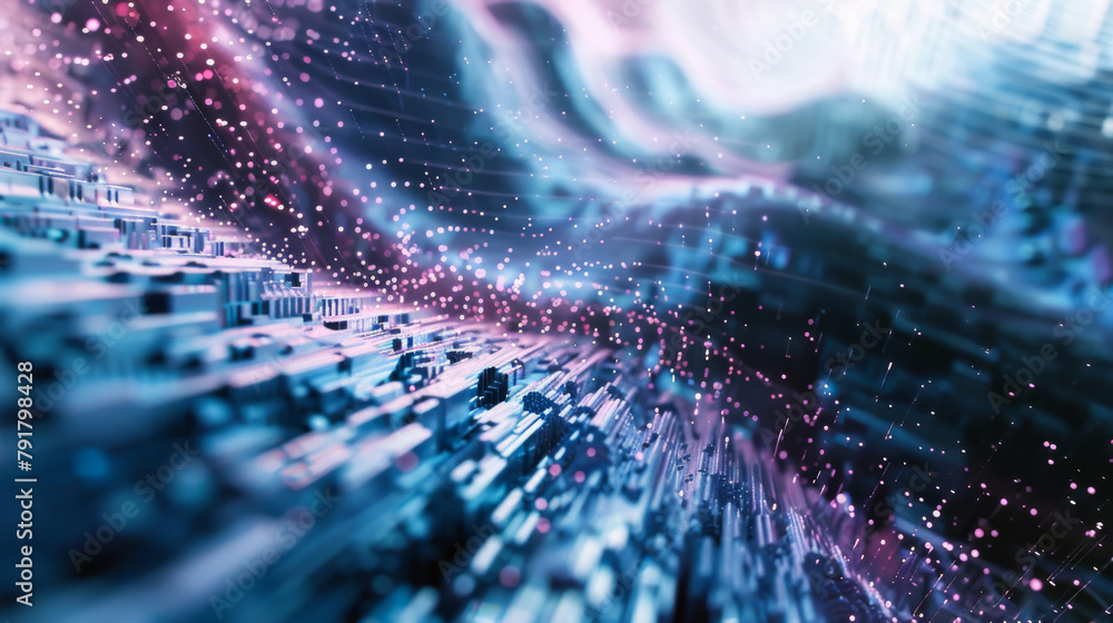 Poster a computer generated image of a wave with a lot of dots. the image has a futuristic and abstract fee