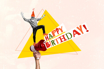 Composite trend artwork sketch image photo collage of aged senior man stand on huge loudspeaker celebrate happy birthday anniversary