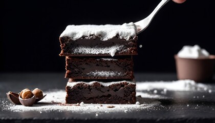 Powdered sugar being sifted over a warm chocolate cake pastery looking a fresh looking of cake - obrazy, fototapety, plakaty