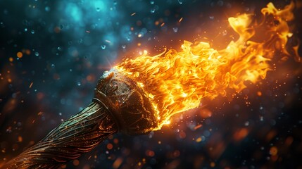 Atmospheric drawing of a burning Olympic torch against a background of multi-colored highlights and bokeh on a dark background - obrazy, fototapety, plakaty