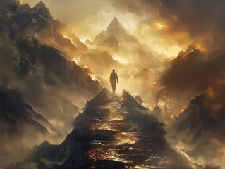 Fotobehang A man is walking up a mountain path with a fire in the background. The scene is dark and ominous, with the fire casting an eerie glow on the mountainside. The man is alone © MaxK