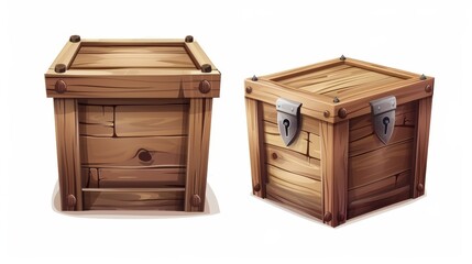 Realistic modern illustration in the form of a wooden box. This crate is used for storage, transportation, and delivery of goods. It is adorned with metal nails and postal symbols.