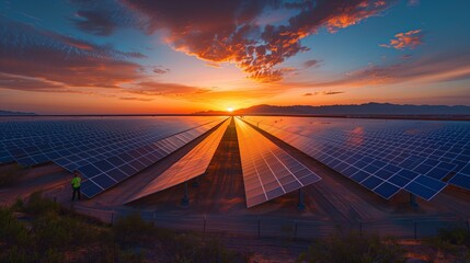 Endless Rows of Solar Panels Capturing the Last Rays of Sun at Dusk