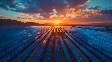 Sustainable Energy Generation: Solar Power Station Gleaming at Sunset