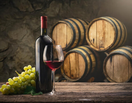 Wine bottle, glass, green rip grapes on wooden table with vintage wooden wine barrels in the background