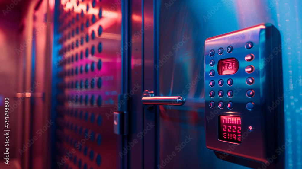 Aufkleber a server room door at a tech company featuring both a cipher lock keypad and biometric scanner for e