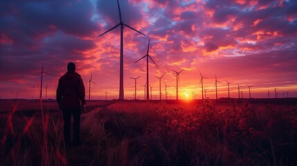Silhouette of a Lone Observer at Dusk in a Wind Farm Under a Vibrant Sunset Sky