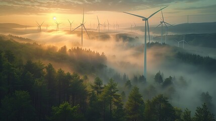 Renewable Energy Amidst Nature: Windmills Peeking Through Foggy Forest at Sunrise
