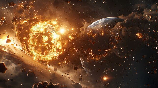 A cosmic event where planets align in the shape of the Bitcoin symbol, illustrating the universal impact of cryptocurrency on finance