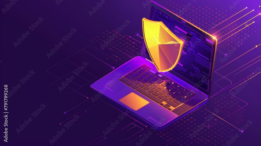 Poster online security concept with isometric modern, open laptop, golden shield guarding private data on s