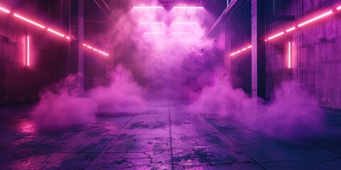 an empty dark stage with neon spotlights, a studio room with smoke