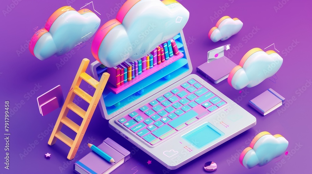 Poster isometric concept modern illustration of a virtual library with books and ladder on a violet backgro