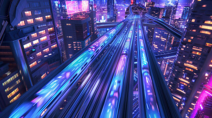 Fototapeta na wymiar Top view of sky train track at night. Railway with city building, bright road lights at night. Generative AI.