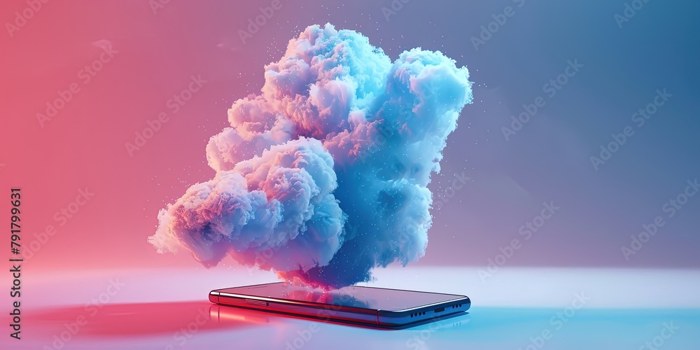 Poster smartphone icon with 3d cloud. the concept of cloud computing. data is uploaded to online storage.