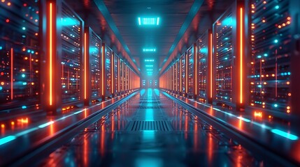 Generative AI : a futuristic server room with rows of illuminated racks, reflected on a shiny floor.