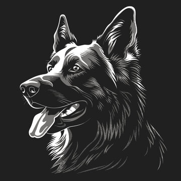 a black and white drawing of a german shepherd
