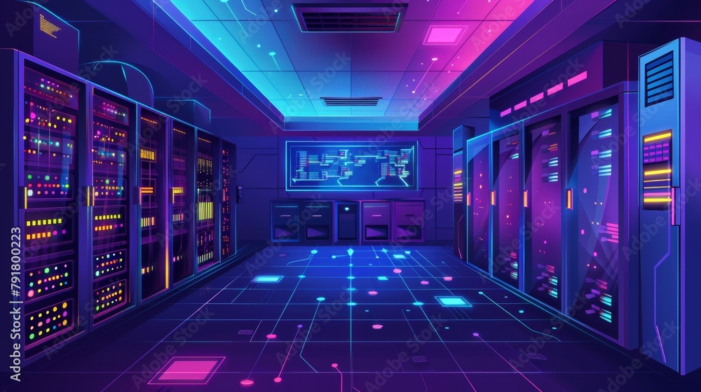 Poster a server room containing racks, a virtual supercomputer, database infographics infrastructure, and c
