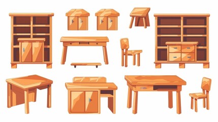 The set of kindergarten furniture consists of wooden furniture for a child's play area or class room, desk, chairs, empty bookshelves, and cabinets with drawers. The pieces are isolated on white