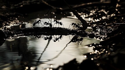 Silhouetted Ants Constructing Twig Bridge Over Reflective Creek in Dramatic Lighting
