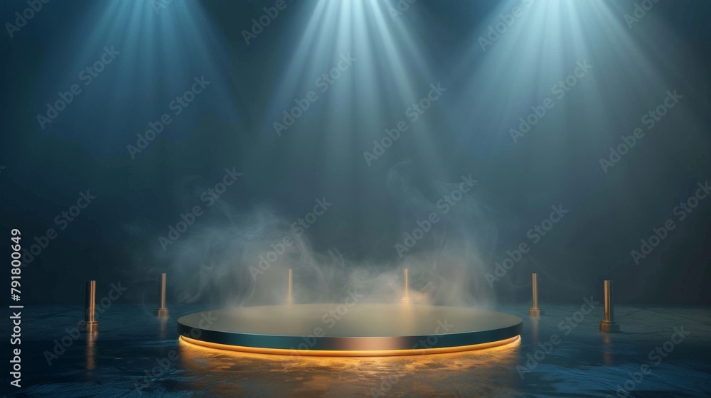 Poster three-dimensional rendering of a round podium with smoke effect and spotlight illumination, an empty