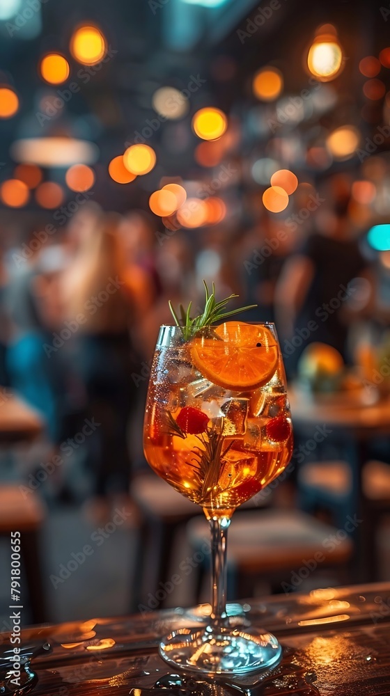 Poster generative ai : beautiful cocktail in the foreground, standing on the table, lighting falls on the w