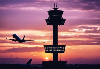 'airport silhouette tower colorful control munich city sunset germany aerodrome international air german terminal traffic perth building modern transport travel departure' - obrazy, fototapety, plakaty