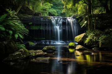 Serene waterfall photography wall art for a bathroom, creating a peaceful retreat with soothing water sounds and lush greenery