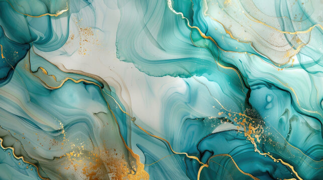 Abstract marble alcohol ink gold and blue green background banner. Creative backdrop for wedding invitation, business background.
