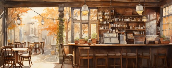 Cozy coffee shop scene in watercolor, ideal for a coffee room, featuring warm tones and intimate seating to enhance relaxing breaks