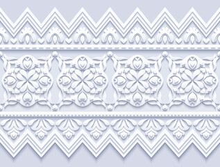 Modern vector volumetric floral ornamental stripe border. Trendy craft style illustration. 3d effect imitation