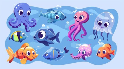 A tropical aquatic fauna in modern format, with cute sea animals such as fish, octopus, jellyfish. Funny seahorses and puffer fish.