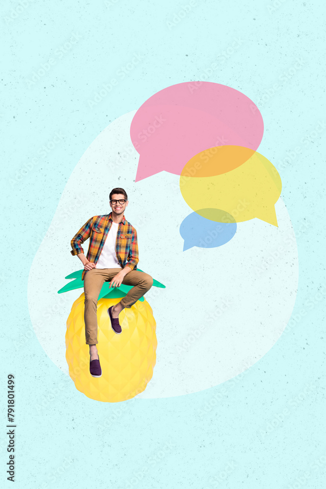 Poster composite vertical collage image of mini guy sit pineapple dialogue bubble isolated on creative back