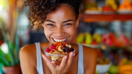 A happy woman enjoying a variety of nutritious snacks like nuts and dried fruits