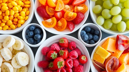 Various fruits in a white bowl with a top view.