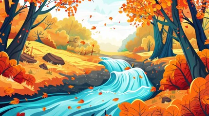 Modern illustration of autumn forest with orange trees, leaves and a river. Cartoon illustration of a pond and wild garden with bushes and a stream.
