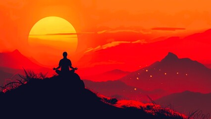 Silhouette of a person meditating on an orange sunset.