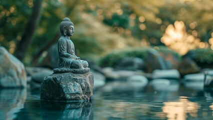 The Buddha statue is on a rock in the pond on a blurred park background.