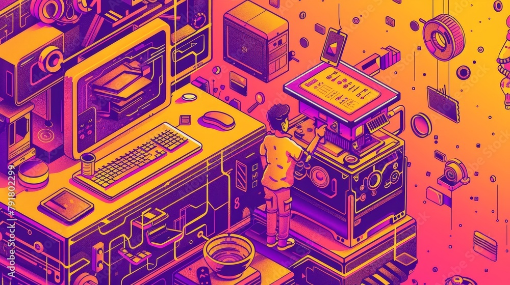 Fototapete isometric landing page for an online translator. a man with a mobile phone stands in front of a huge